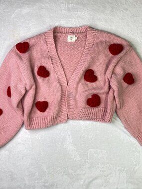 Luna Ivy Pink Heart Cardigan Sweater in Size Medium